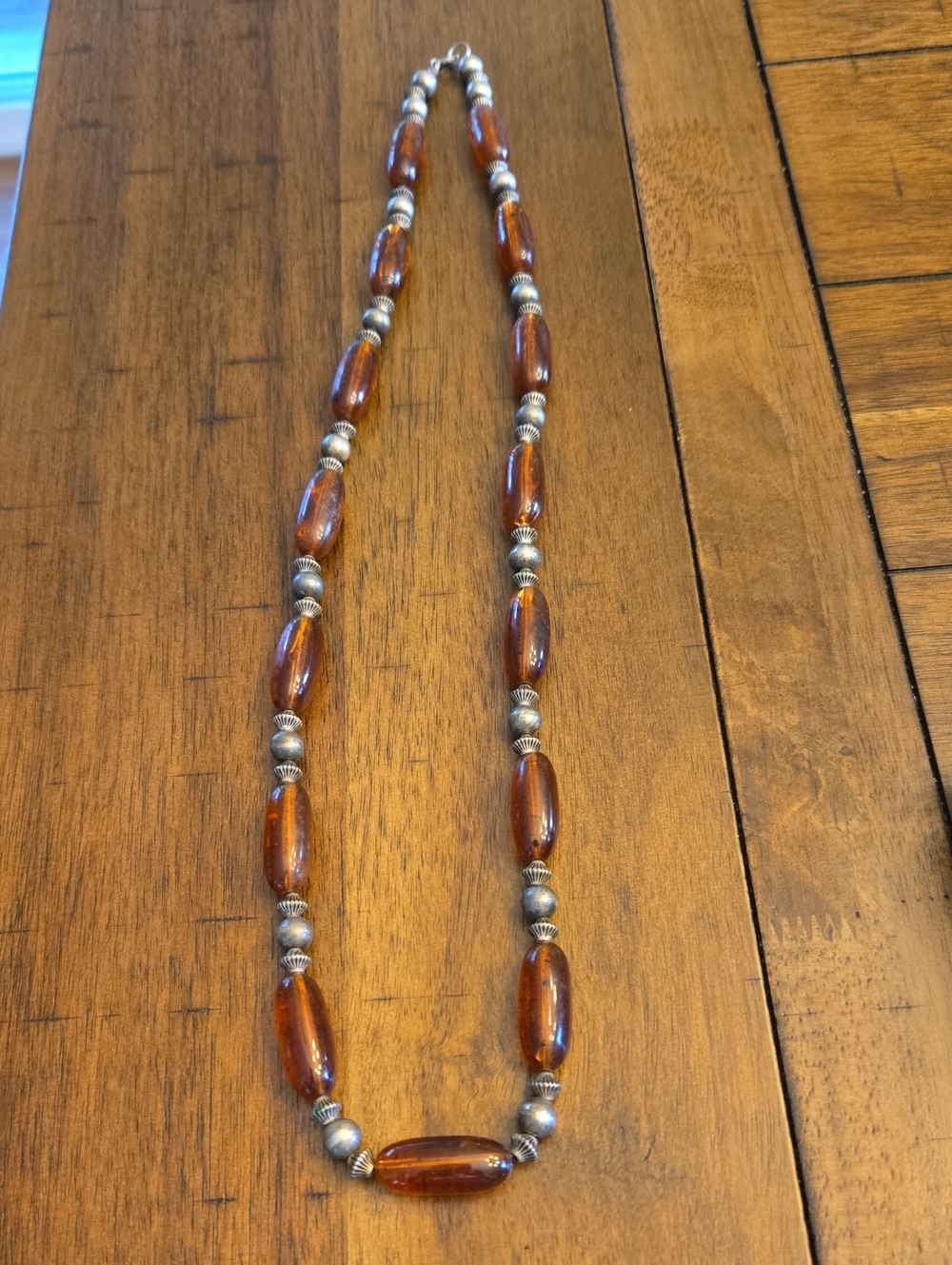 Amber Bead Necklace with Silver Accents - Women Jewelry